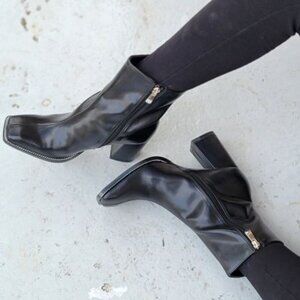 Black High Chunky Heeled Boots Zip‎ Up Square Toe Ankle Booties